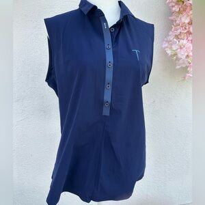 Sleeveless Navy Button-Front Polo Top with Contrast Placket